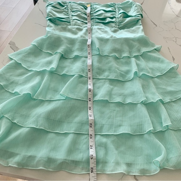 Mint Green Satin Layered Ruffle Chiffon Strapless Party Mini Dress - Picture 12 of 14